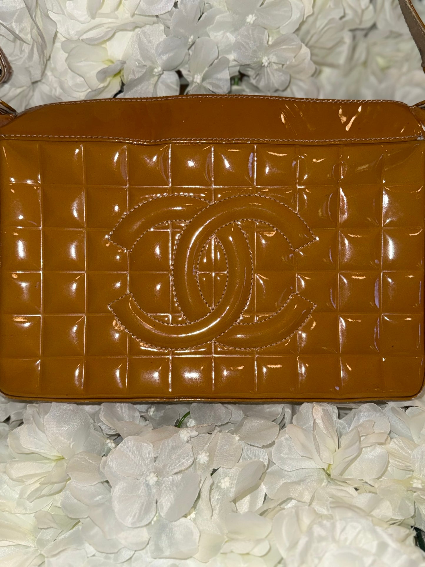 Chanel Mustard Chocolate Bar Handbag Patent Leather Vintage
