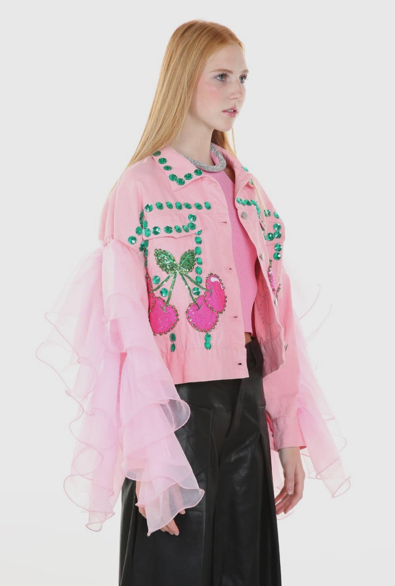 Cherry Blossom Bedazzled Denim Jacket