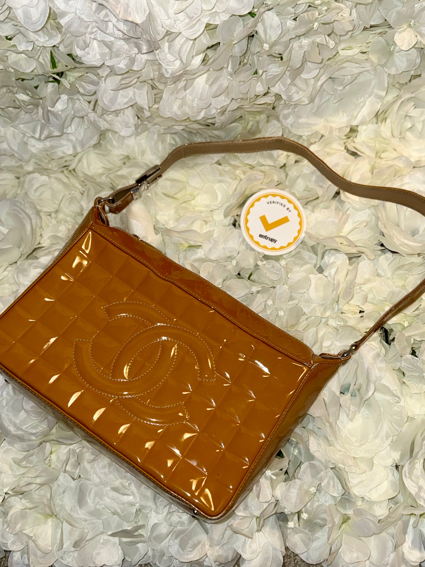 Chanel Mustard Chocolate Bar Handbag Patent Leather Vintage