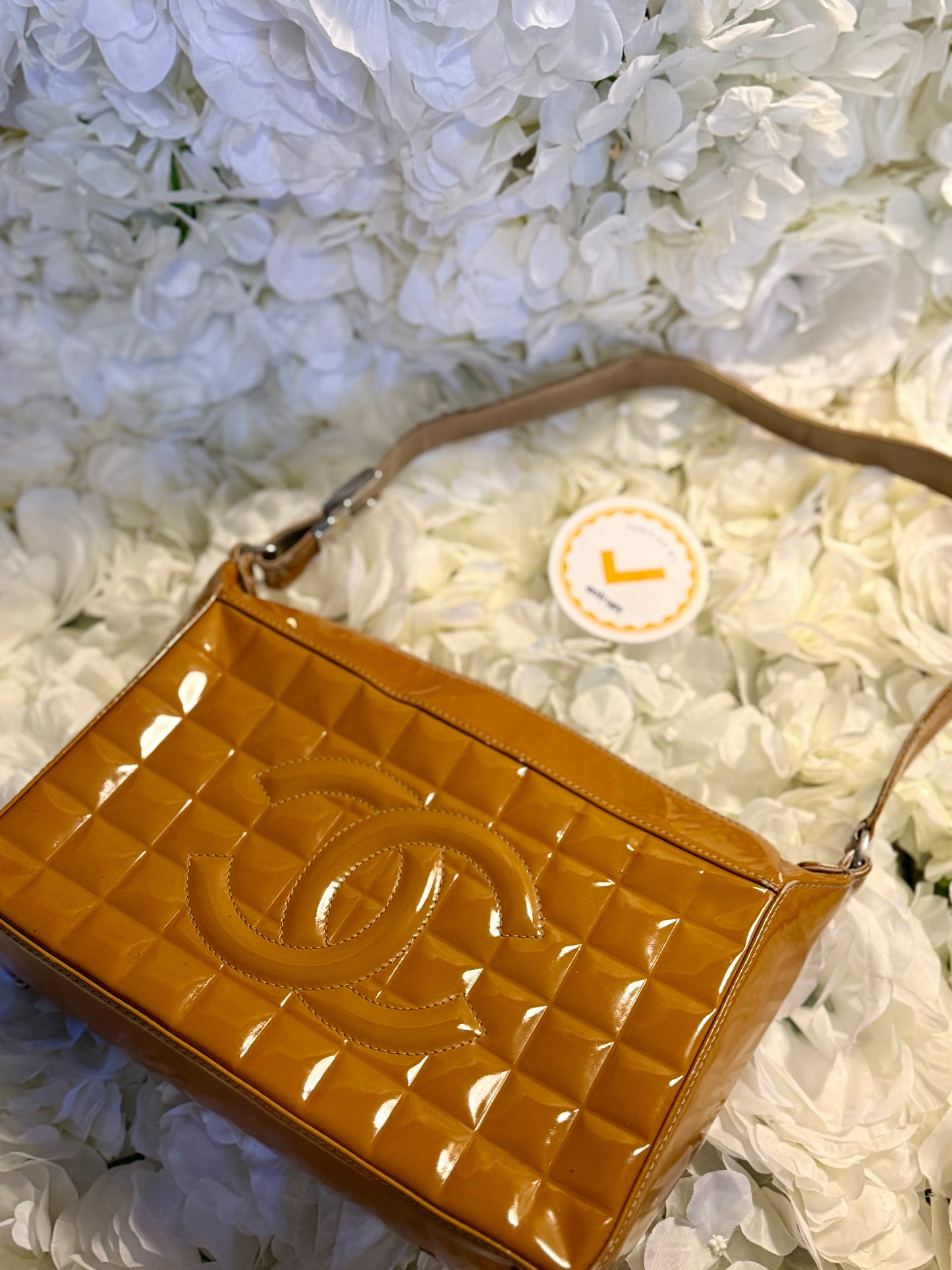 Chanel Mustard Chocolate Bar Handbag Patent Leather Vintage