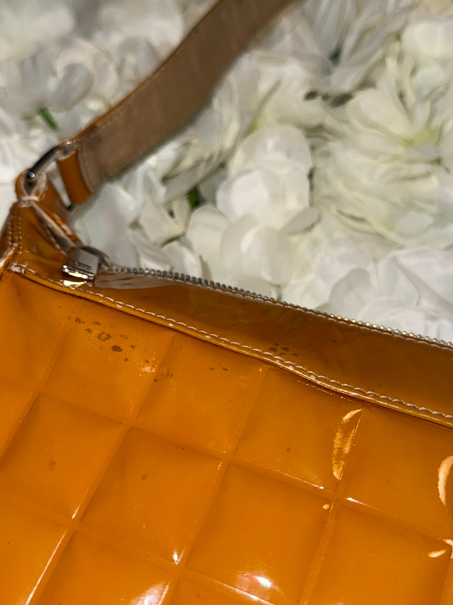 Chanel Mustard Chocolate Bar Handbag Patent Leather Vintage