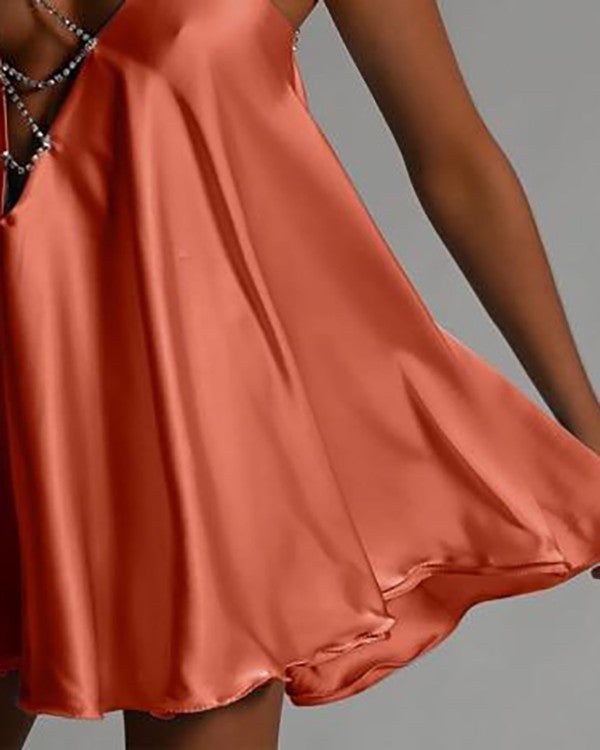 Burnt Orange Plunge Rhinestone Dress