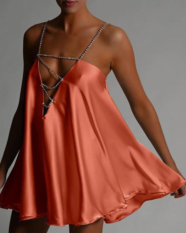 Burnt Orange Plunge Rhinestone Dress