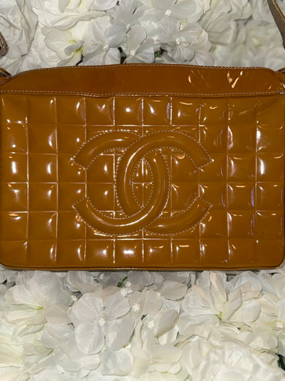 Chanel Mustard Chocolate Bar Handbag Patent Leather Vintage