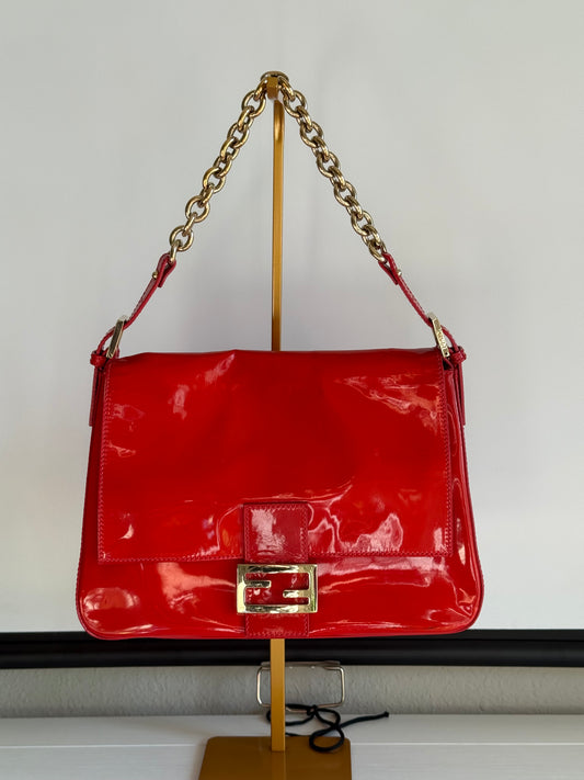 Fendi Mamma Baguette Red Patent Leather Handbag