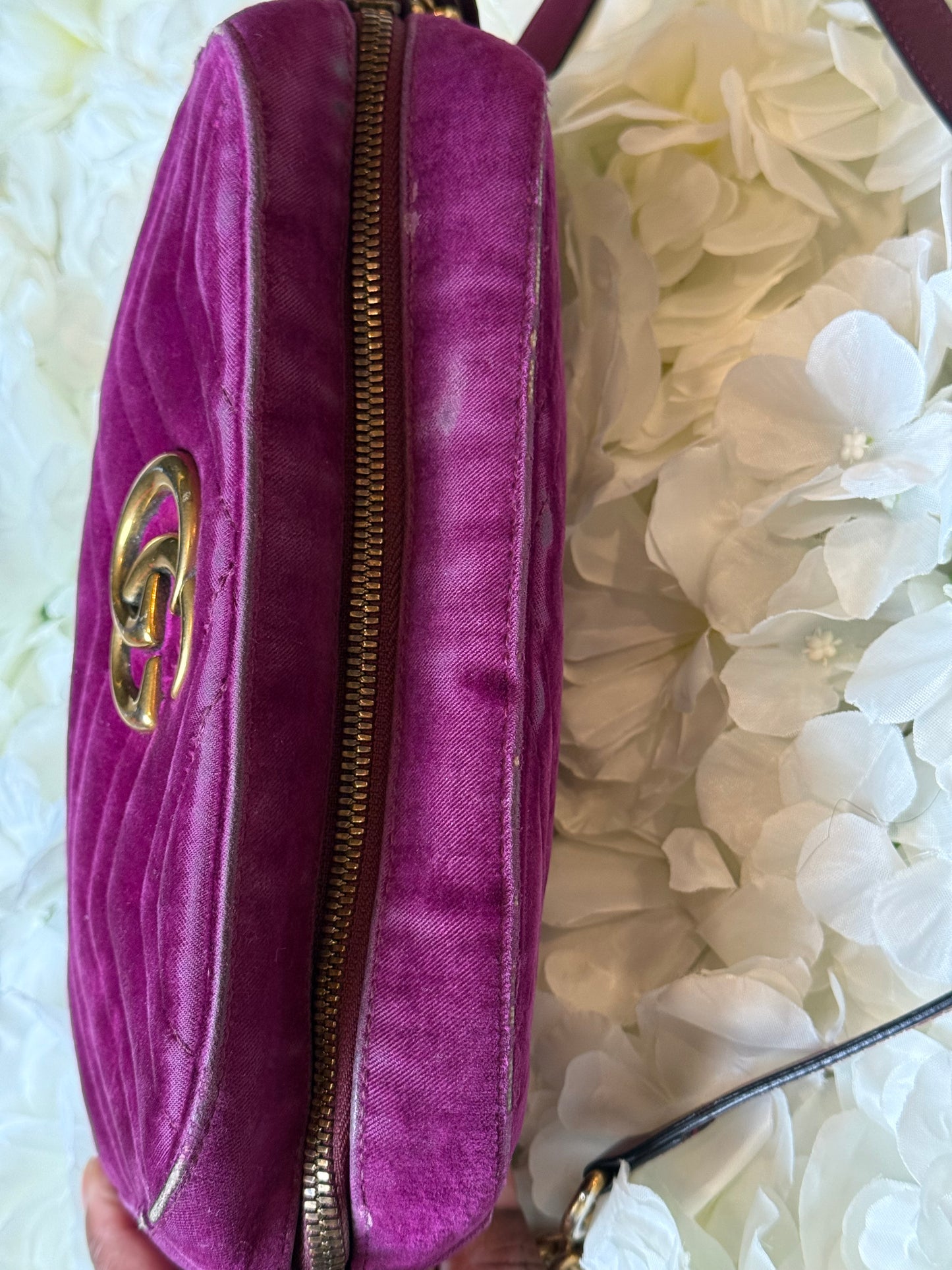 Gucci GG Matelasse Velvet Marmont Purple Crossbody Bag