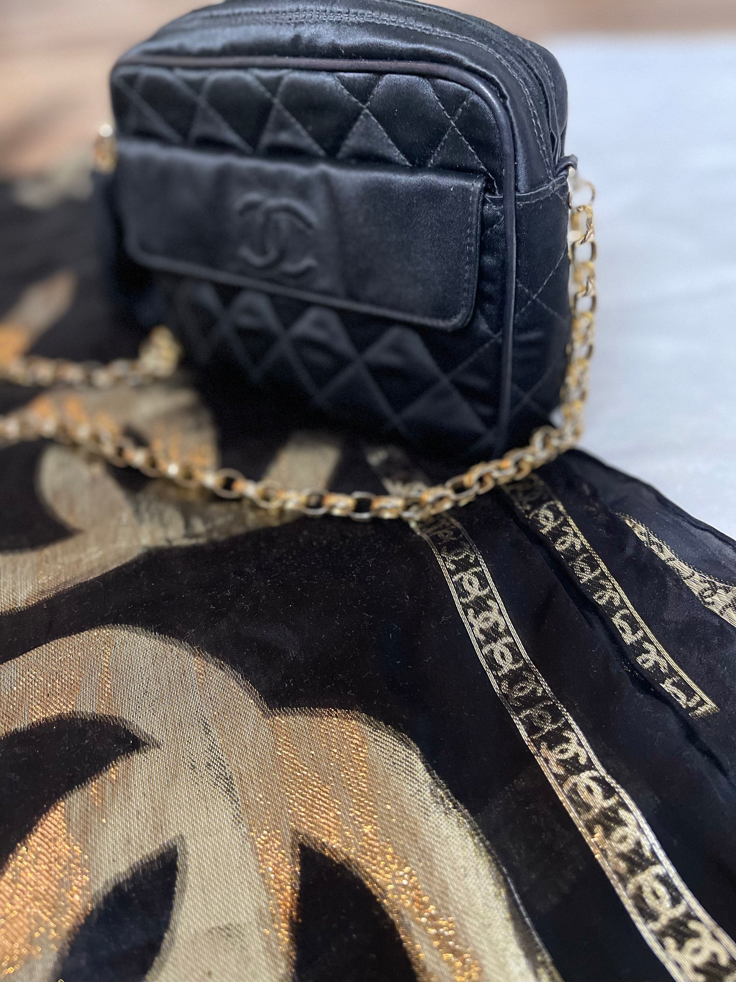 Chanel Black Satin Camera Bag With Tassel Vintage