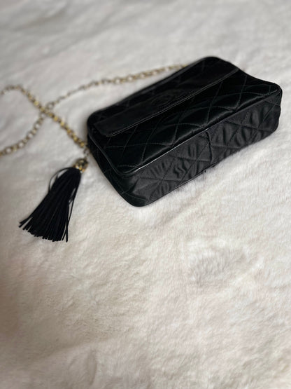 Chanel Black Satin Camera Bag With Tassel Vintage