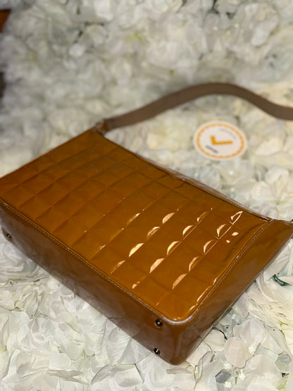 Chanel Mustard Chocolate Bar Handbag Patent Leather Vintage