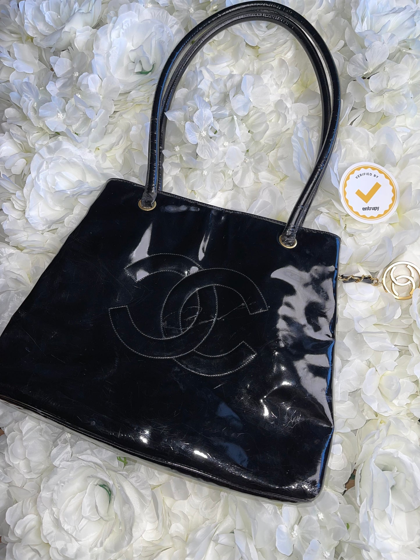 Chanel Black Patent Leather Handbag Tote Vintage