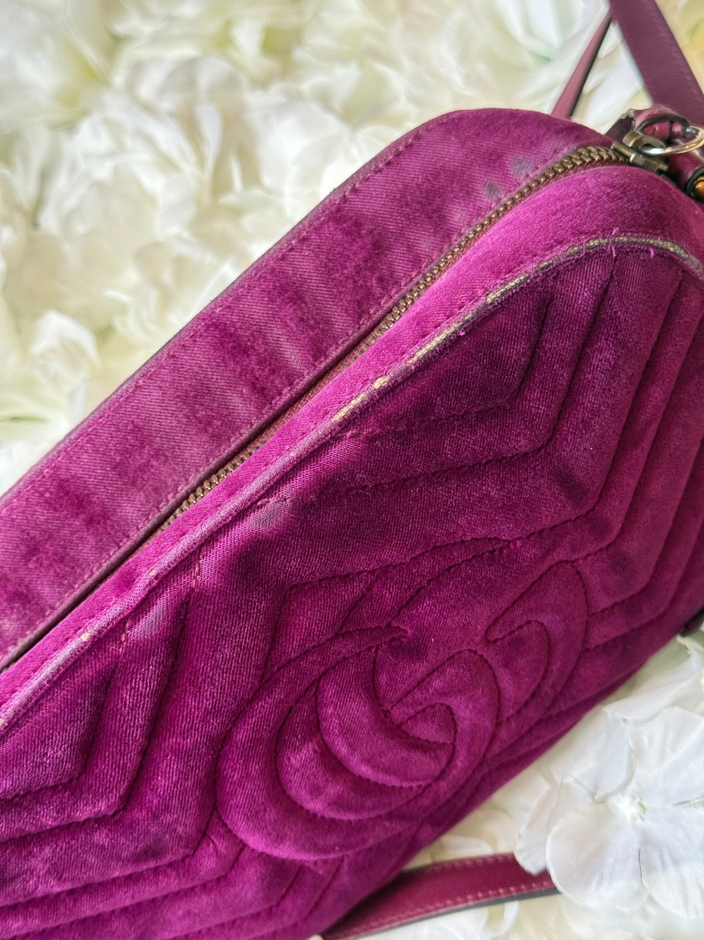 Gucci GG Matelasse Velvet Marmont Purple Crossbody Bag