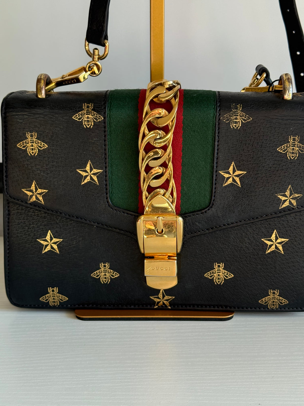Gucci Sylvie Web Gold Bee Handbag