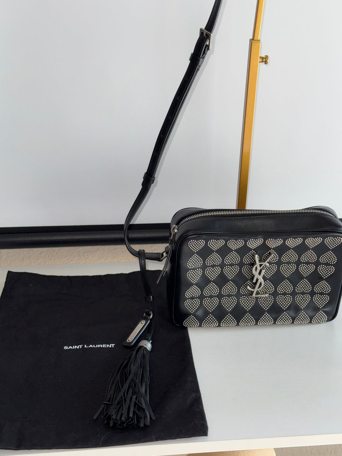 Saint Laurent Black Heart Studded Camera Shoulder Bag YSL