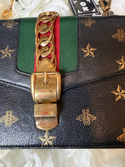 Gucci Sylvie Web Gold Bee Handbag
