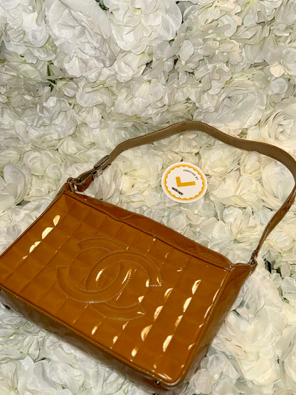 Chanel Mustard Chocolate Bar Handbag Patent Leather Vintage