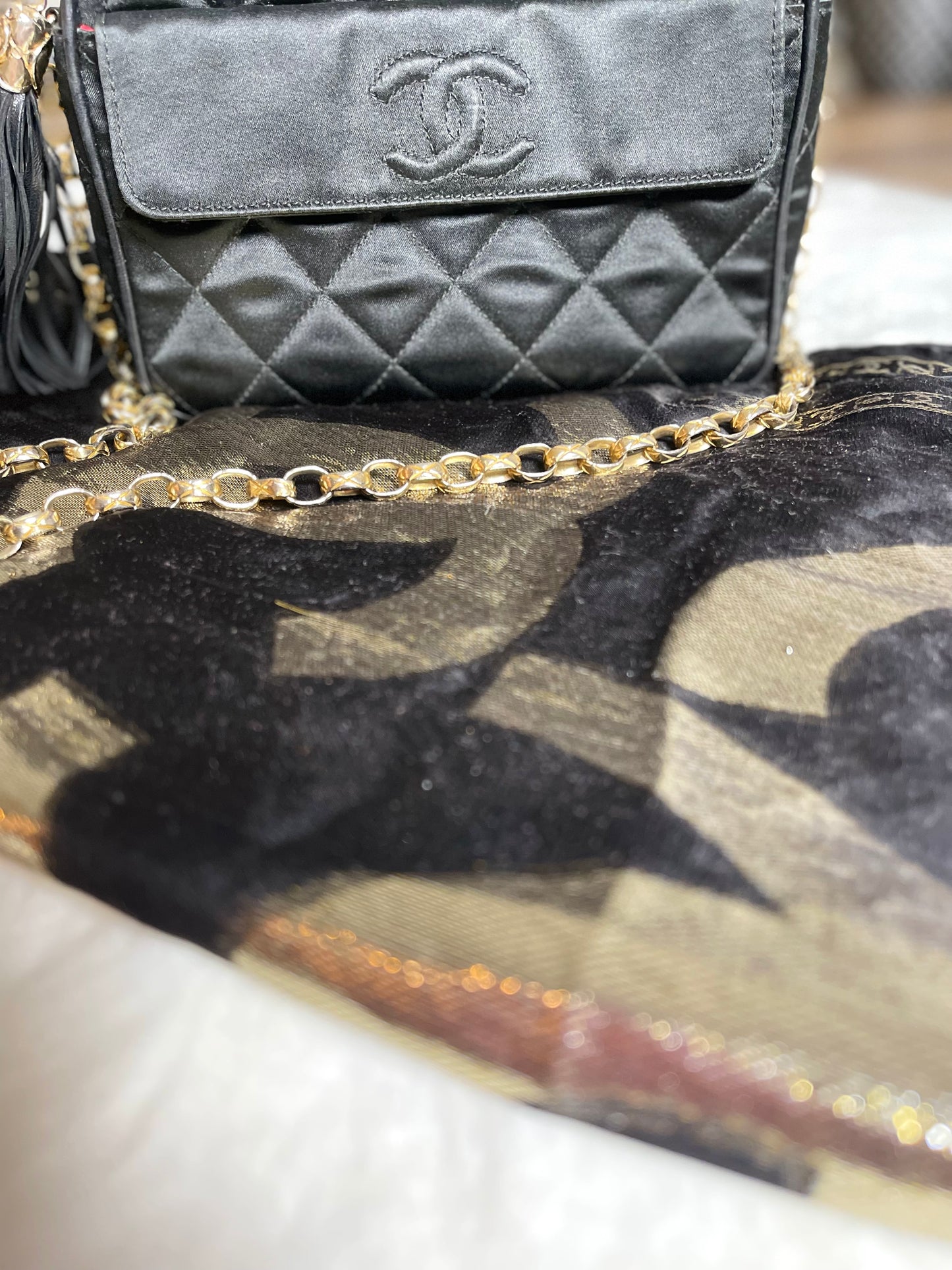 Chanel Black Satin Camera Bag With Tassel Vintage