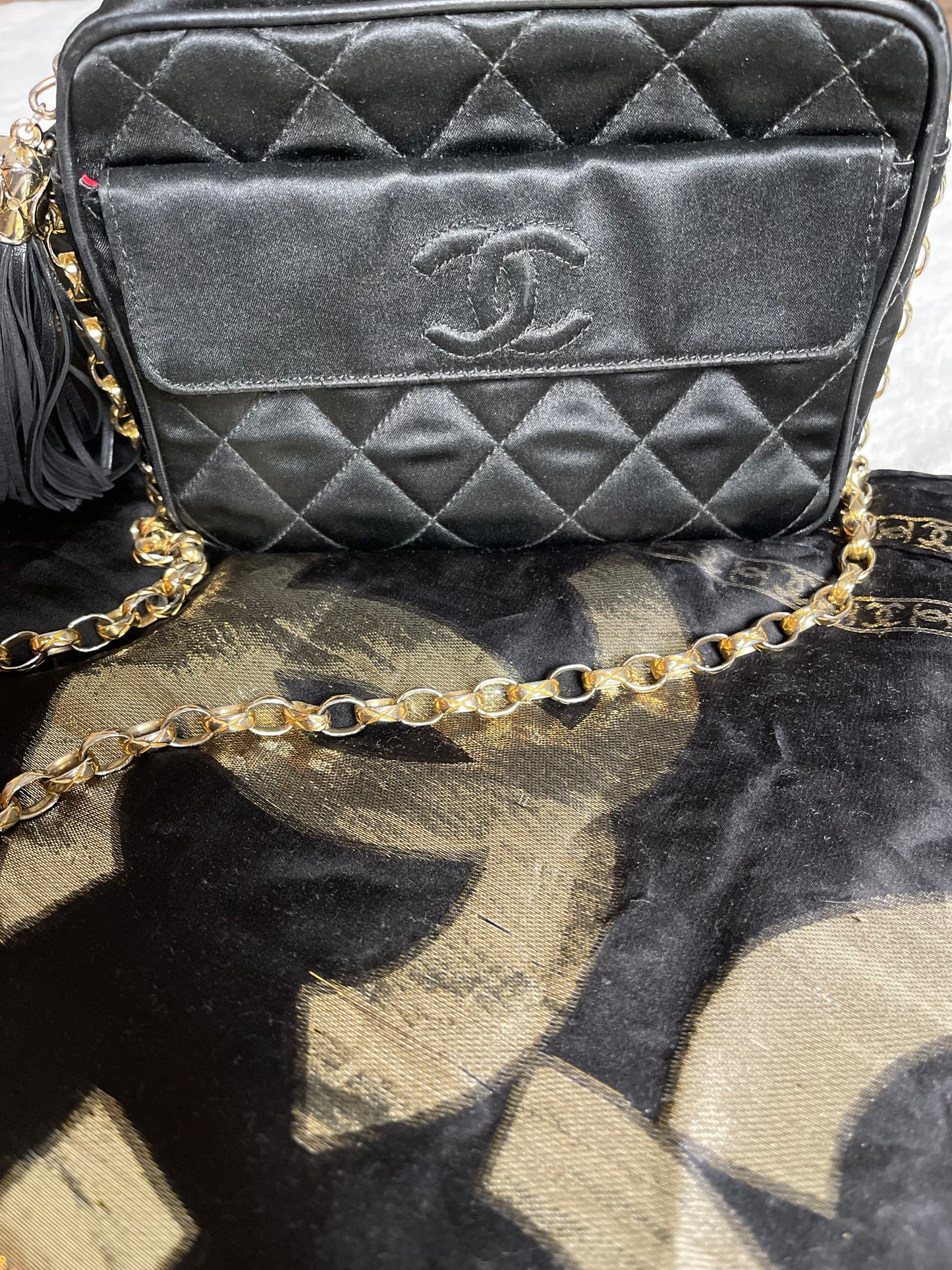 Chanel Black Satin Camera Bag With Tassel Vintage