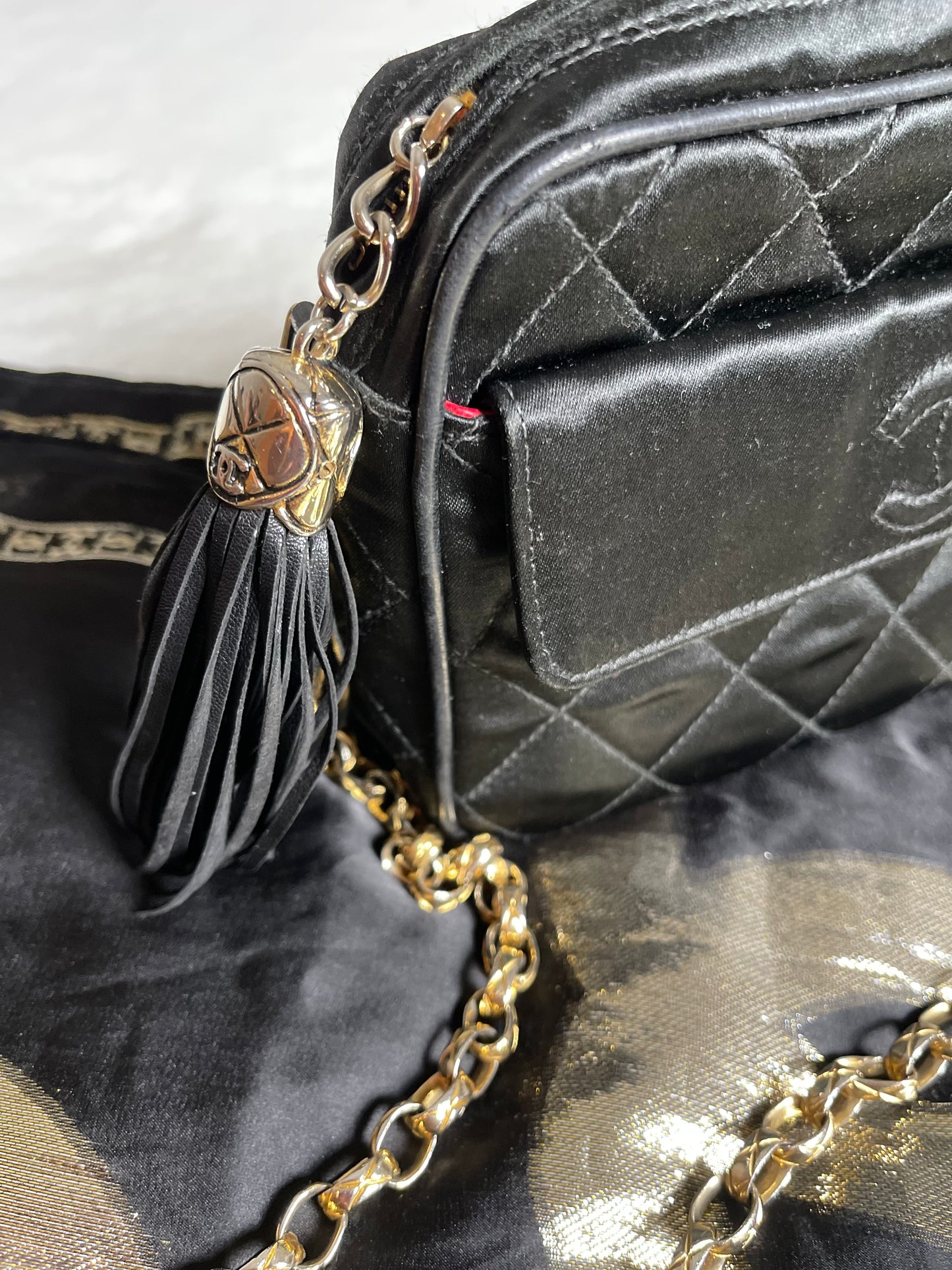 Chanel Black Satin Camera Bag With Tassel Vintage