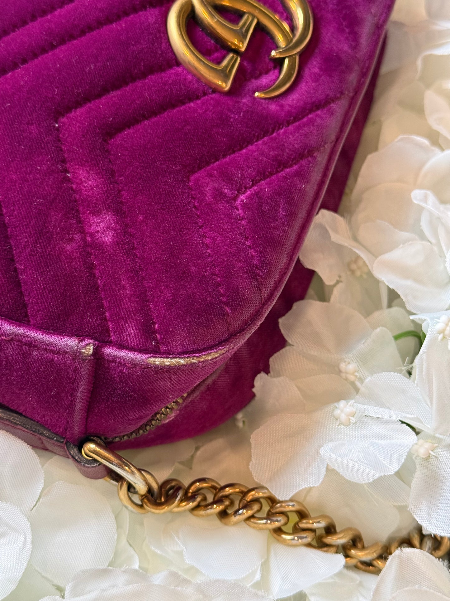 Gucci GG Matelasse Velvet Marmont Purple Crossbody Bag