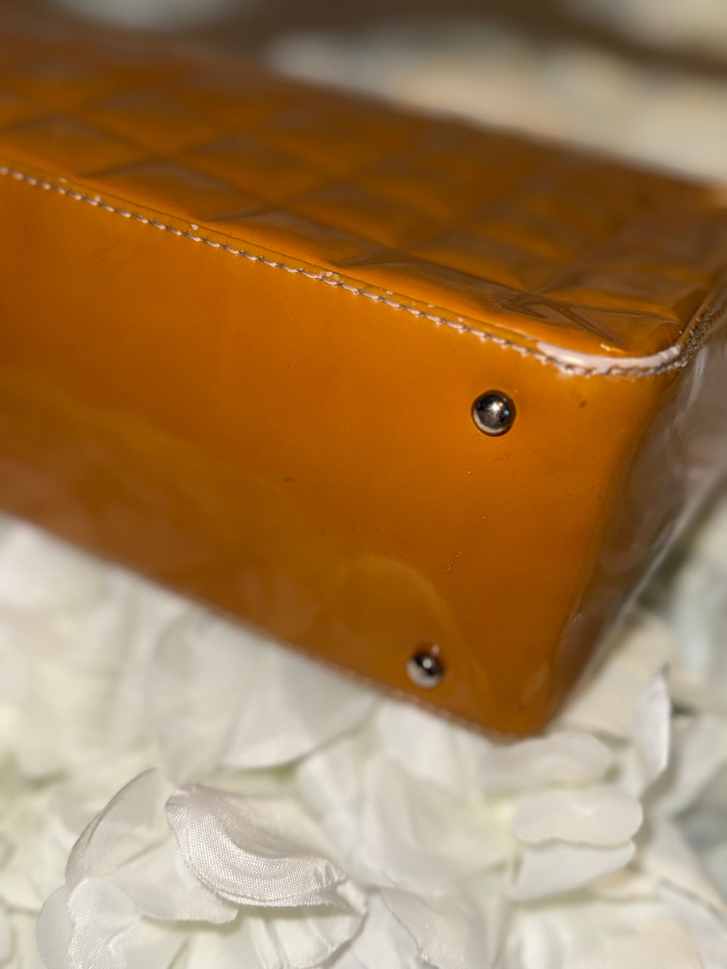 Chanel Mustard Chocolate Bar Handbag Patent Leather Vintage