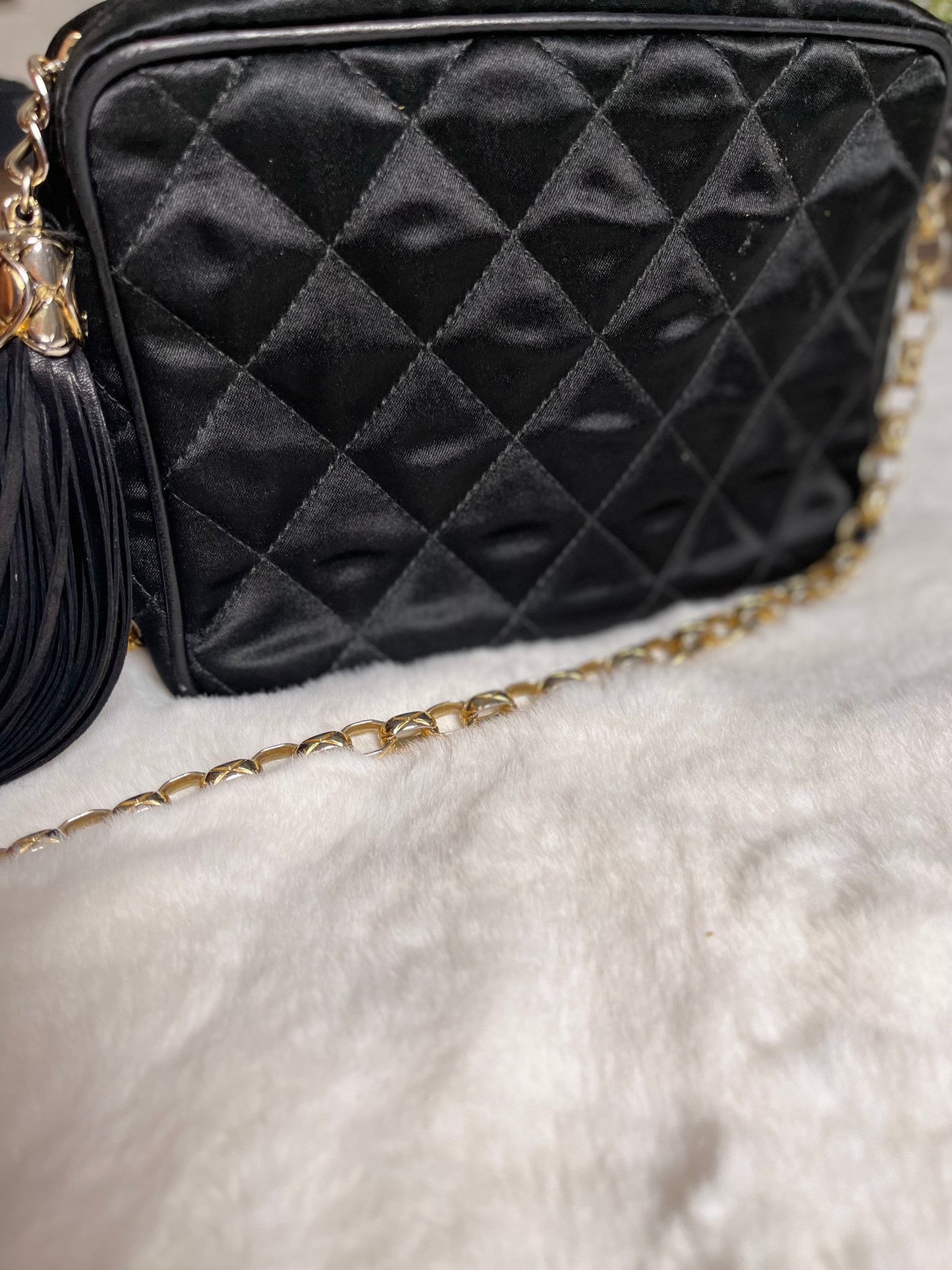 Chanel Black Satin Camera Bag With Tassel Vintage