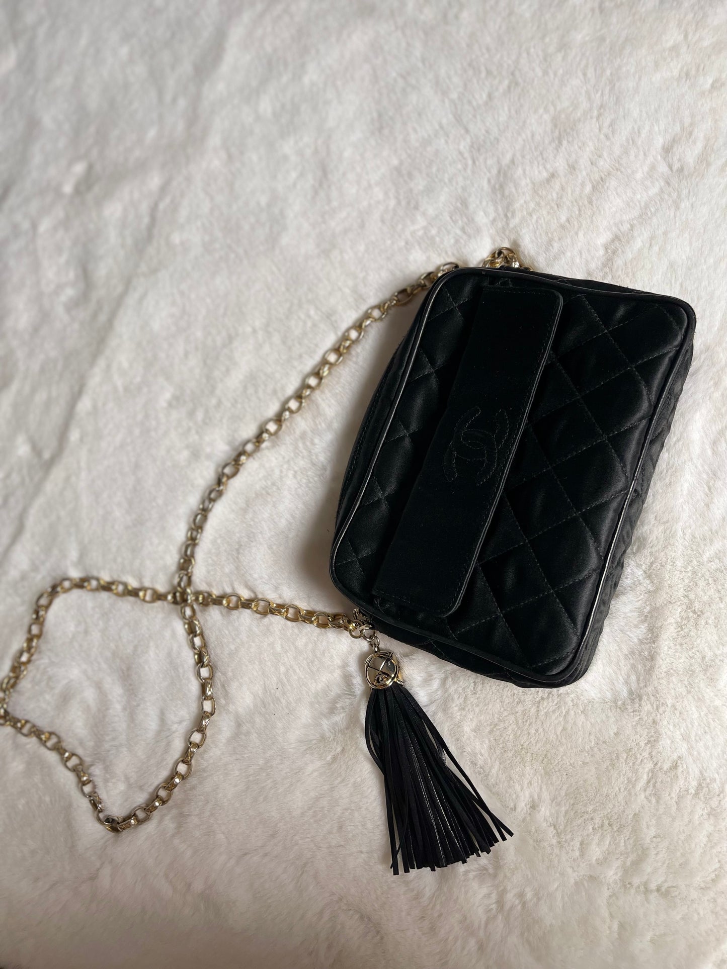 Chanel Black Satin Camera Bag With Tassel Vintage