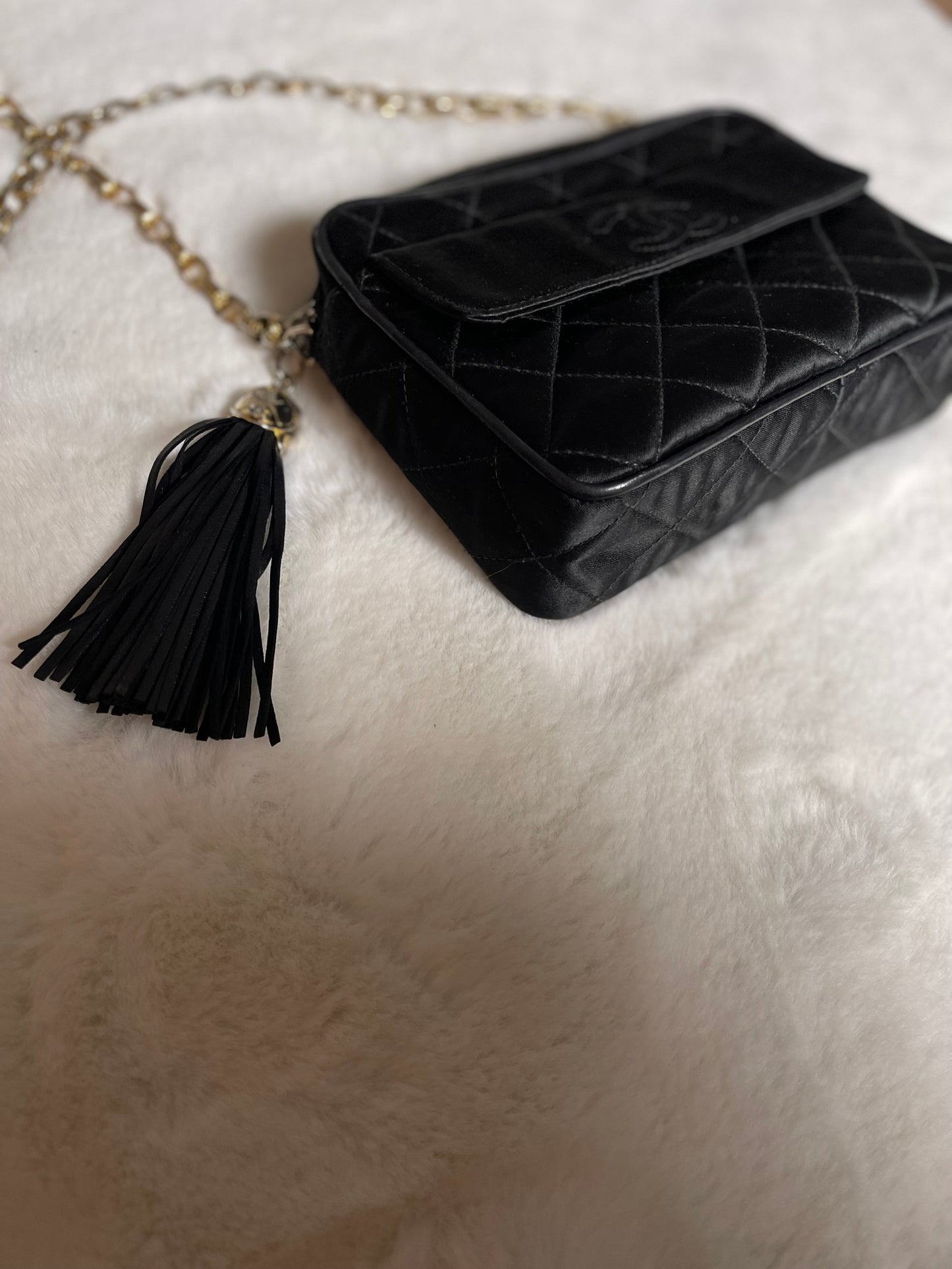 Chanel Black Satin Camera Bag With Tassel Vintage