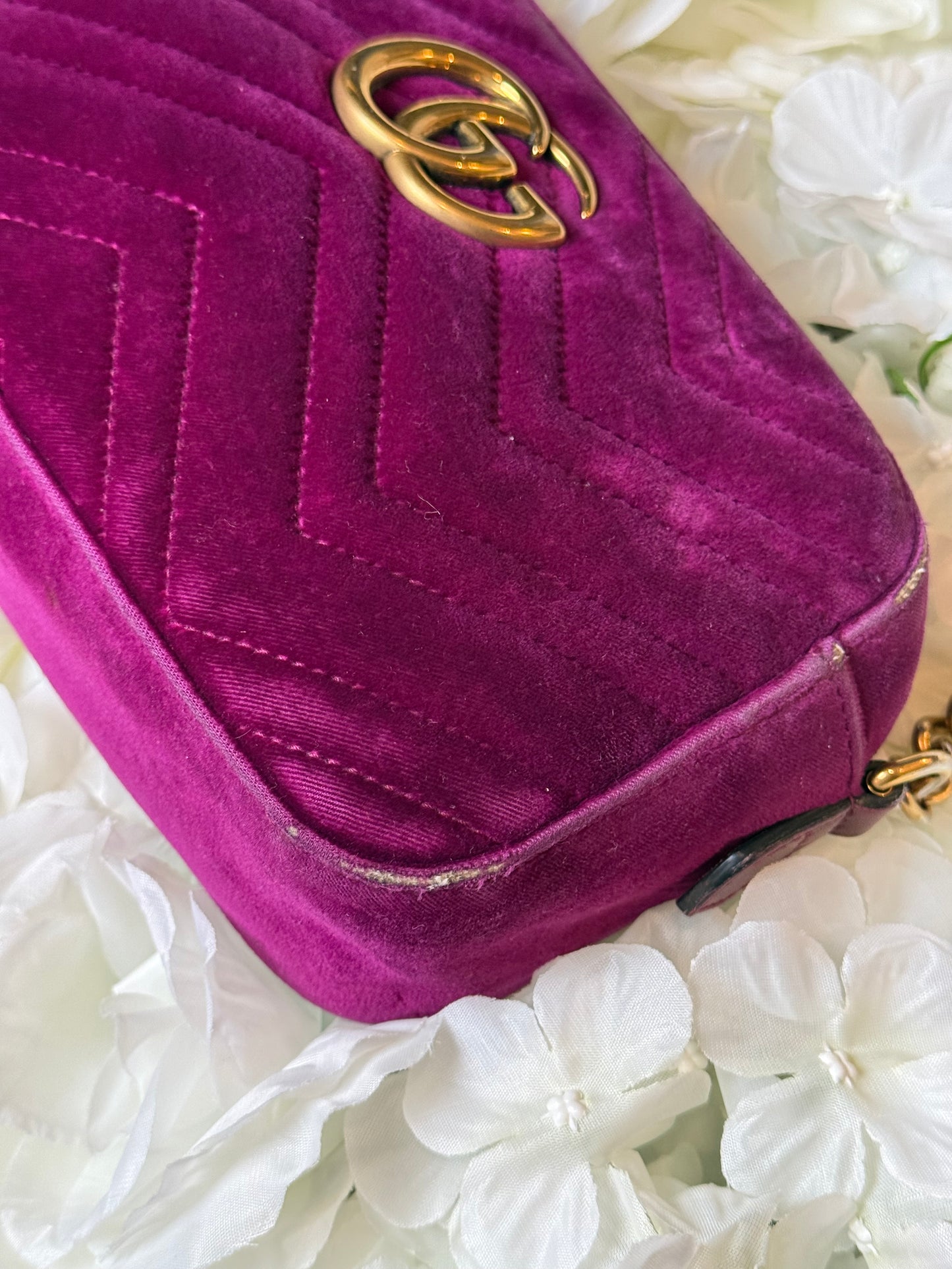 Gucci GG Matelasse Velvet Marmont Purple Crossbody Bag