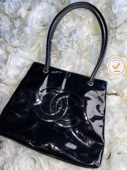 Chanel Black Patent Leather Handbag Tote Vintage