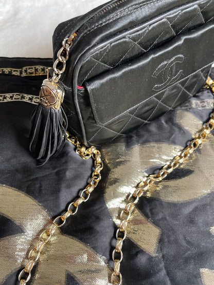 Chanel Black Satin Camera Bag With Tassel Vintage