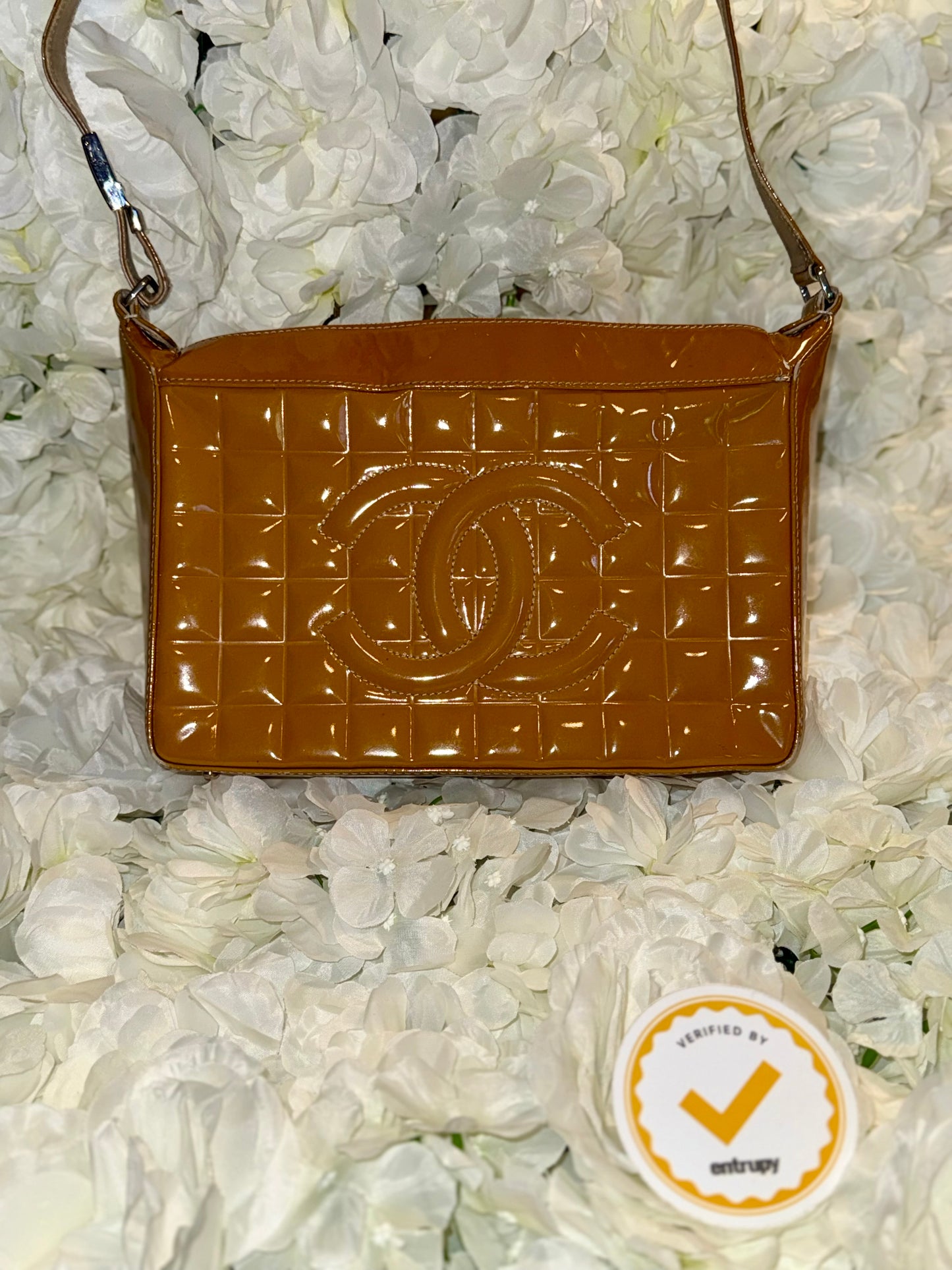 Chanel Mustard Chocolate Bar Handbag Patent Leather Vintage