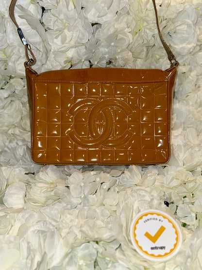 Chanel Mustard Chocolate Bar Handbag Patent Leather Vintage