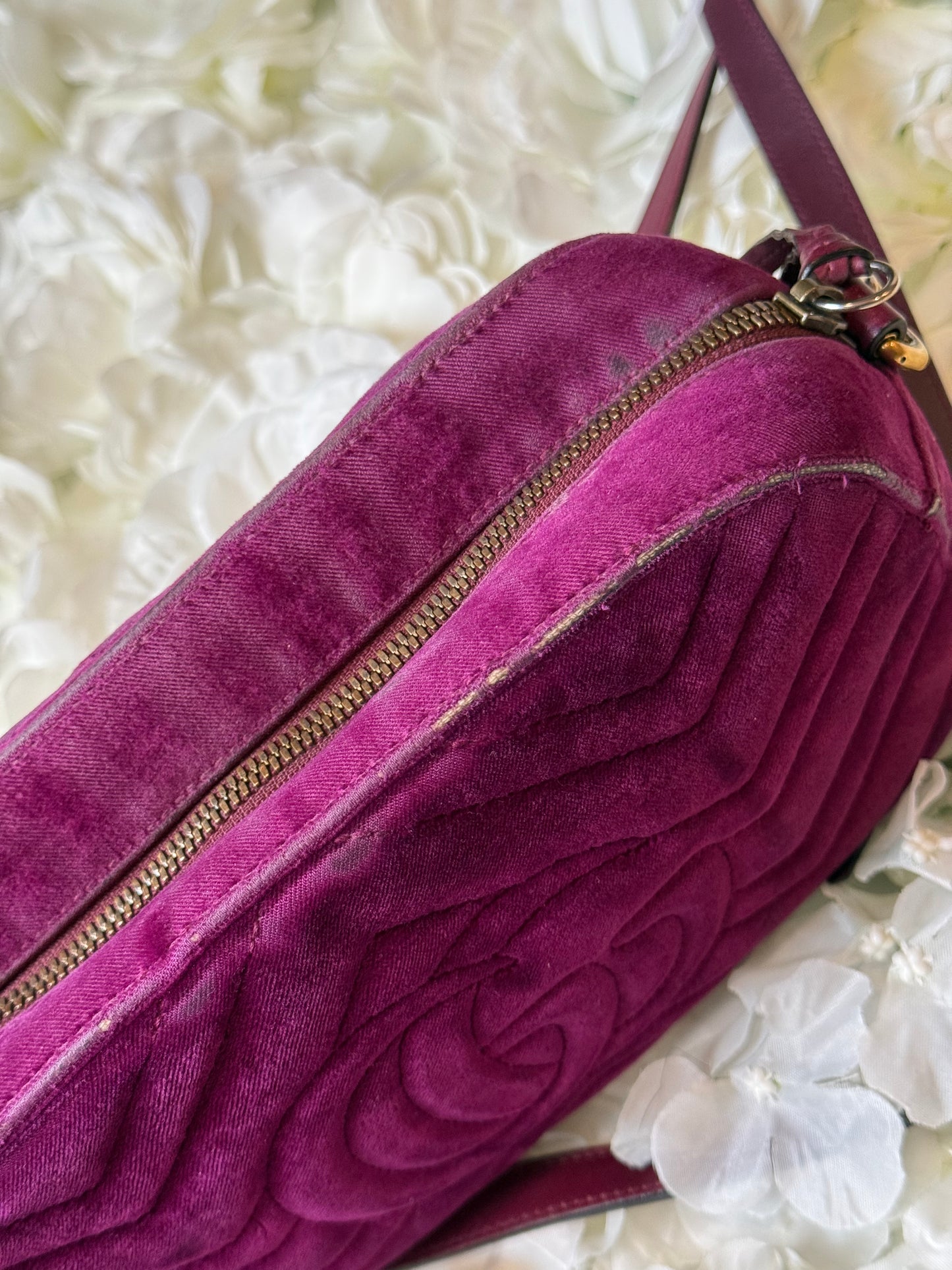 Gucci GG Matelasse Velvet Marmont Purple Crossbody Bag