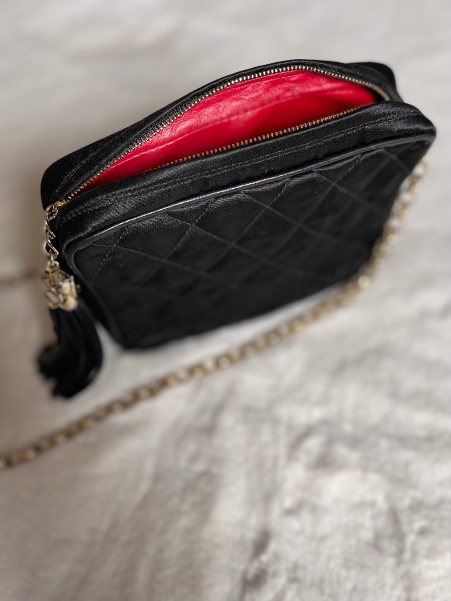 Chanel Black Satin Camera Bag With Tassel Vintage