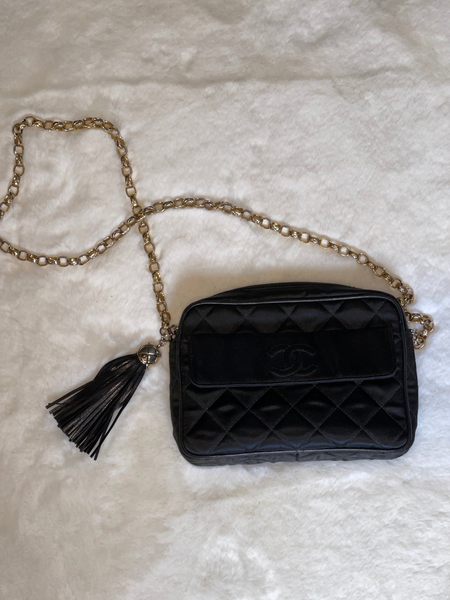 Chanel Black Satin Camera Bag With Tassel Vintage