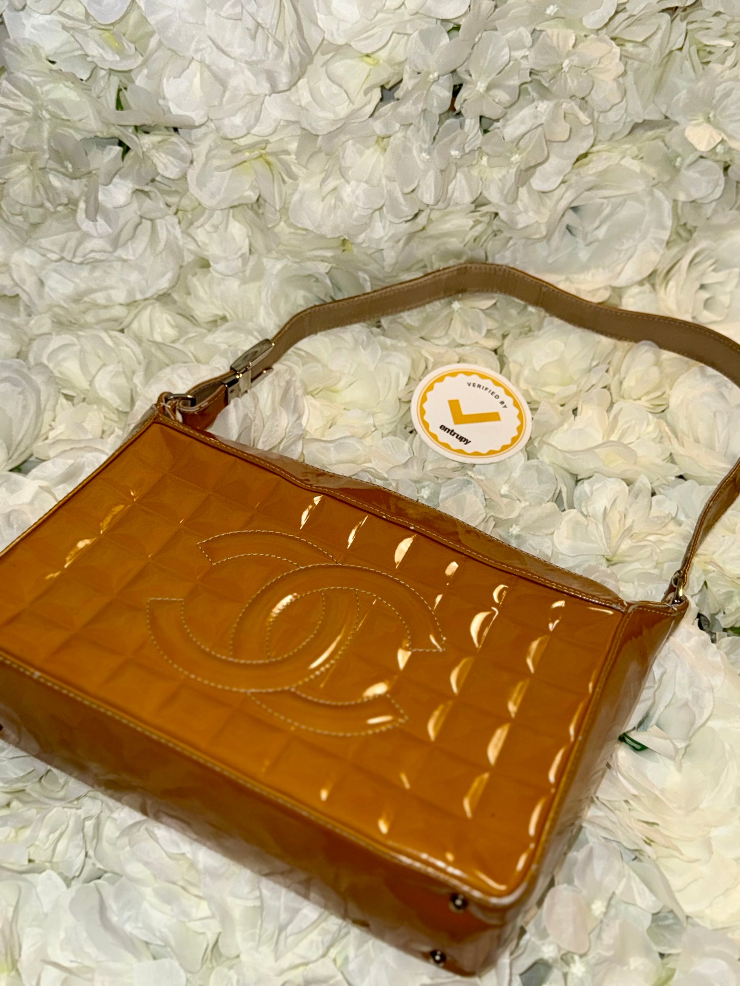 Chanel Mustard Chocolate Bar Handbag Patent Leather Vintage
