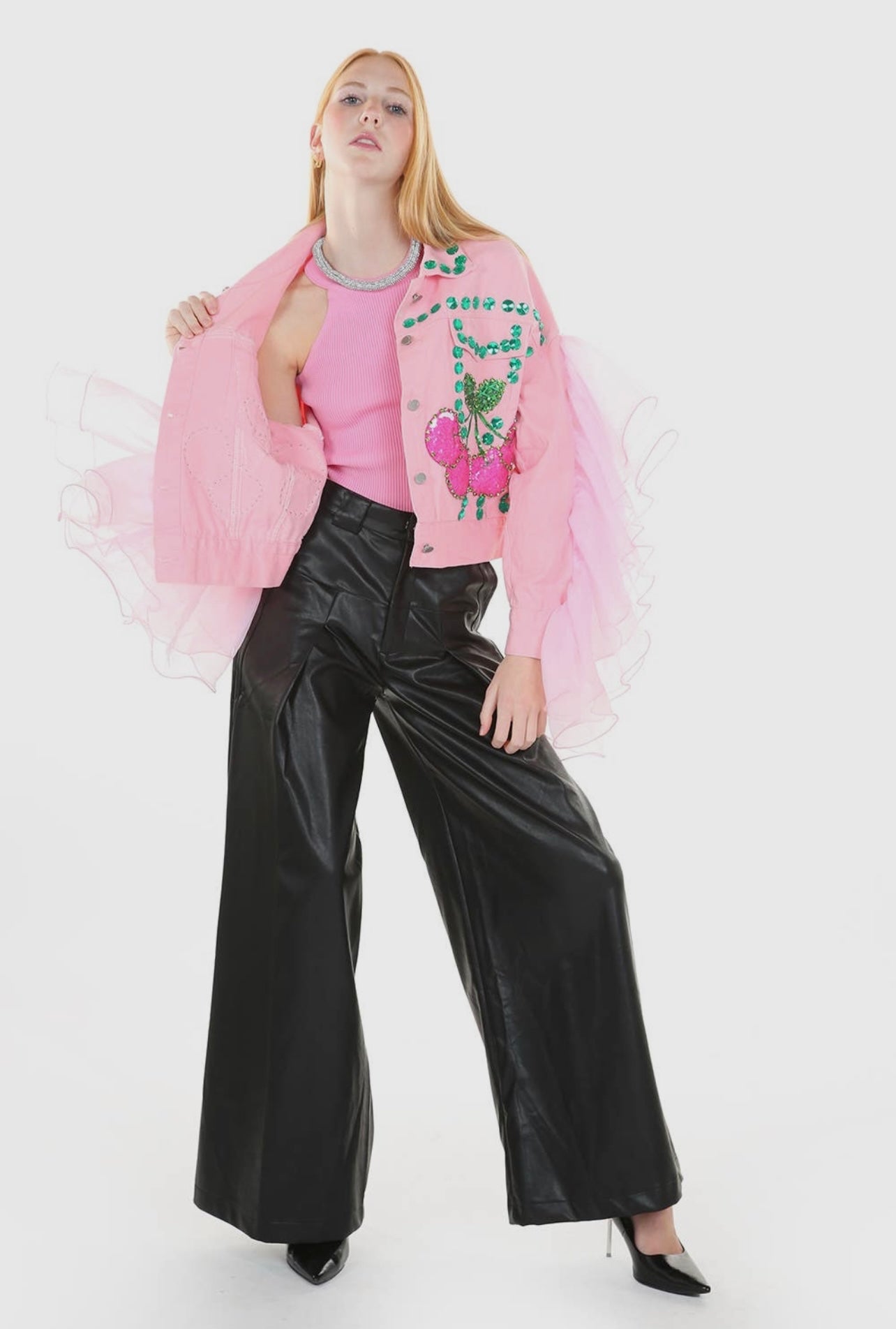 Cherry Blossom Bedazzled Denim Jacket