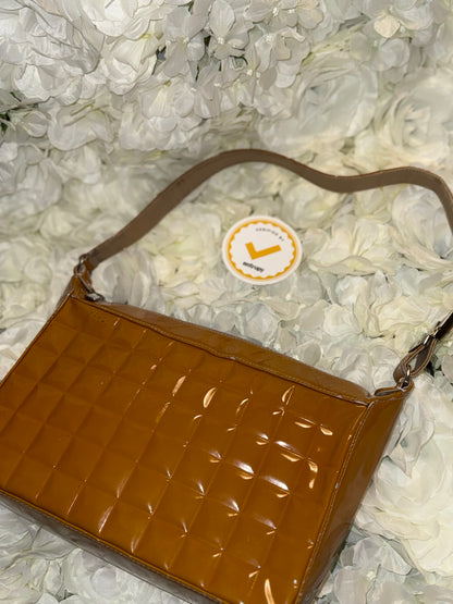 Chanel Mustard Chocolate Bar Handbag Patent Leather Vintage