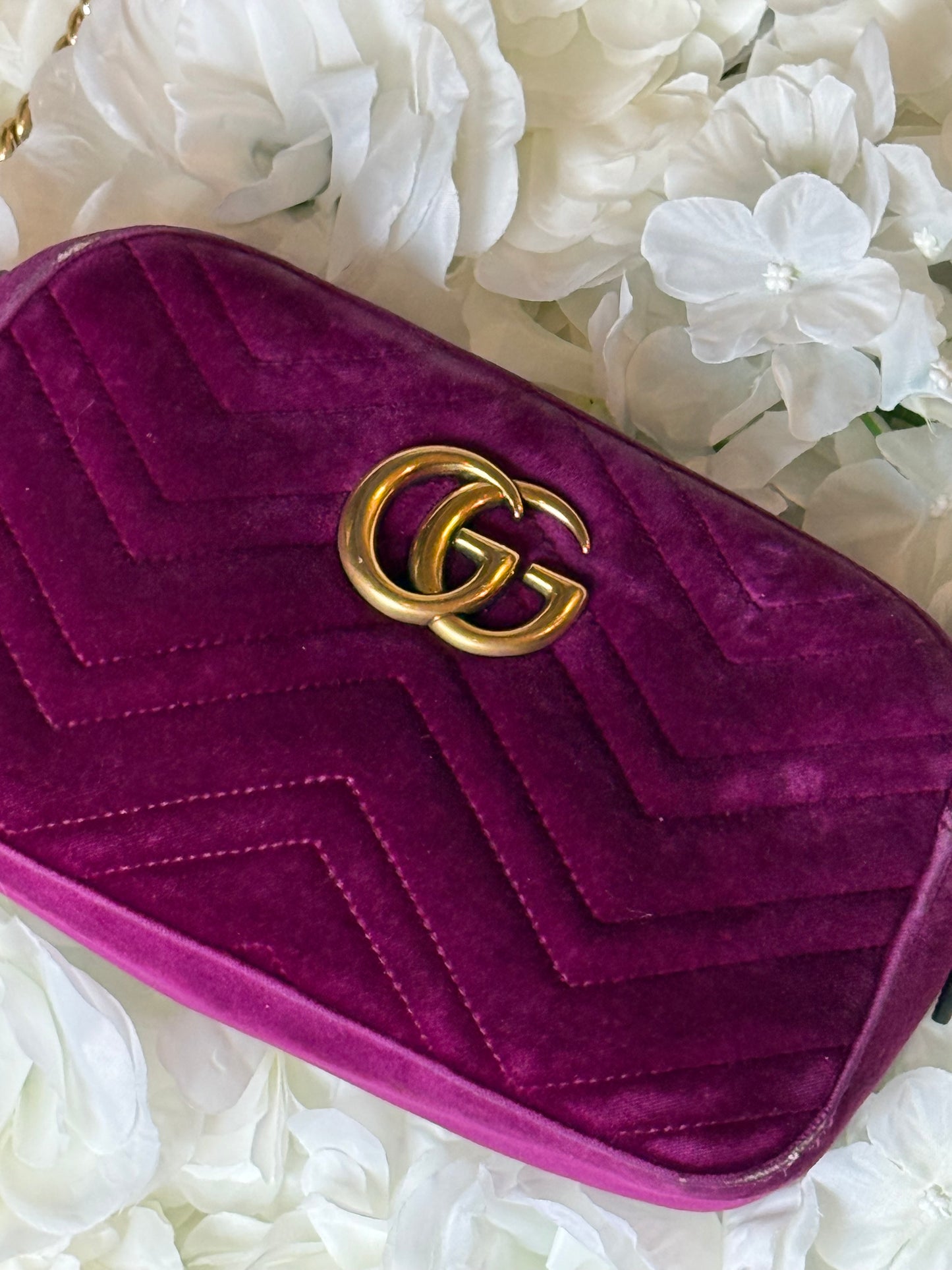 Gucci GG Matelasse Velvet Marmont Purple Crossbody Bag