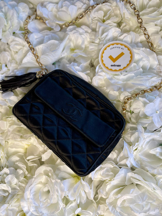 Chanel Black Satin Camera Bag With Tassel Vintage