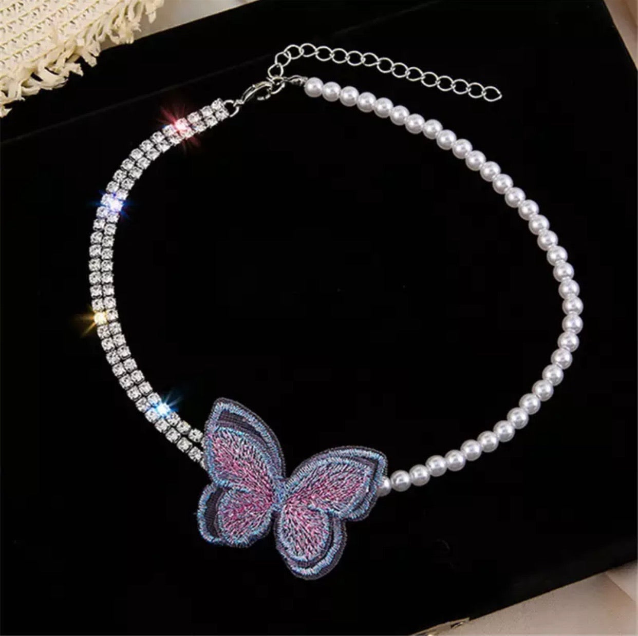 Butterfly Choker Necklace Rhinestone Pearl Embellished Jewelry