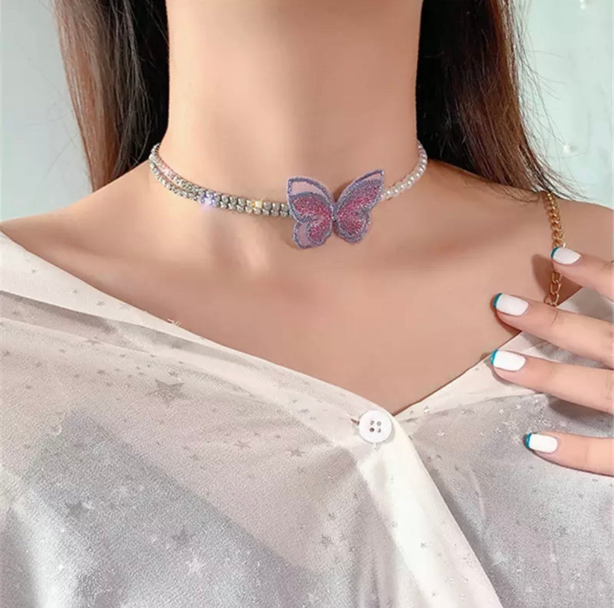 Butterfly Choker Necklace Rhinestone Pearl Embellished Jewelry